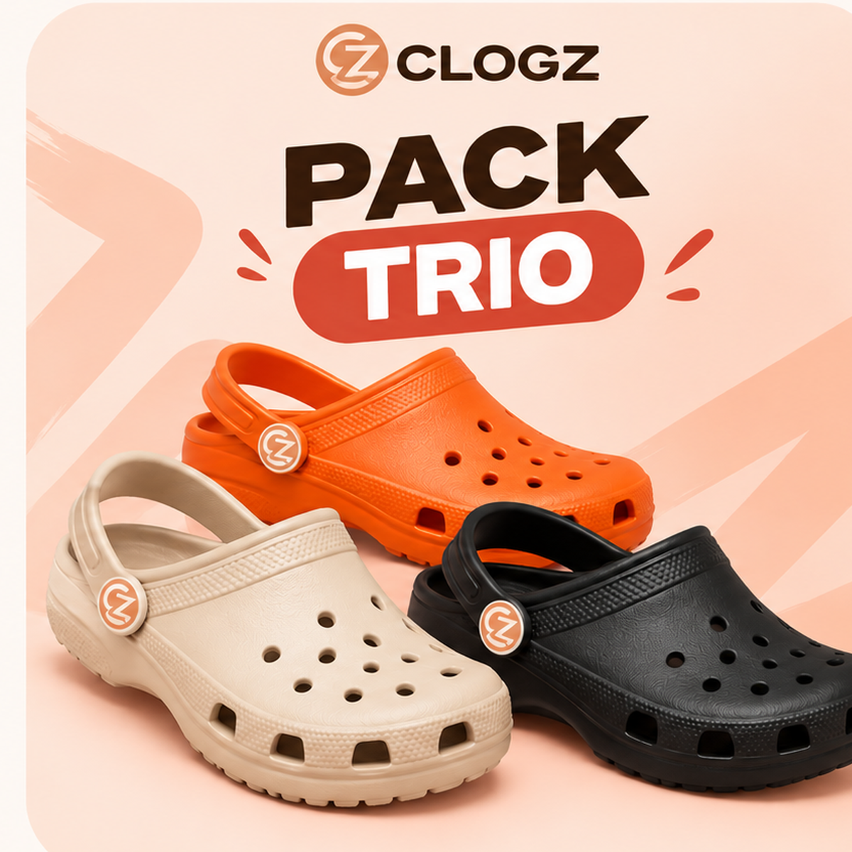 CLOGZ PACK TRIO — aperçu de 3 paires avec monogramme CZ, couleurs illustratives